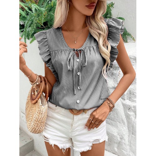 Loose Striped Top With French-Style Strap And Ruffle Sleeves Loose Striped Top With French-Style Strap And Ruffle Sleeves