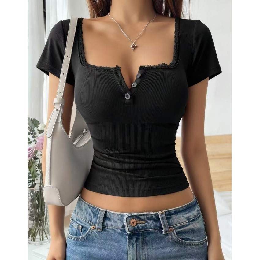 Women's Solid Color Lace Trim Button V-Neck Slim-Fit Short Sleeve Women's Solid Color Lace Trim Button V-Neck Slim-Fit Short Sleeve