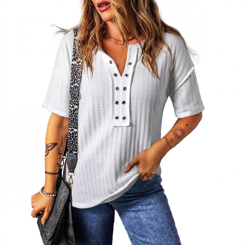 Loose Casual Textured V-neck Short-sleeve Shirt Loose Casual Textured V-neck Short-sleeve Shirt
