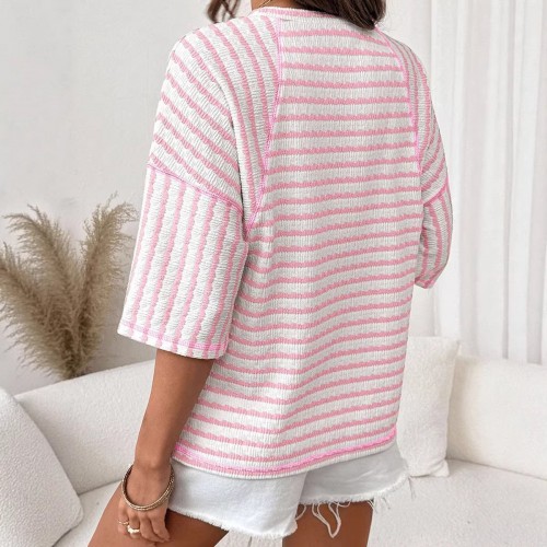 Womens Crew-Neck Pullover T-Shirt Simple, Versatile Striped Half-Sleeve Tee In European And American Style Womens Crew-Neck Pullover T-Shirt Simple, Versatile Striped Half-Sleeve Tee In European And American Style