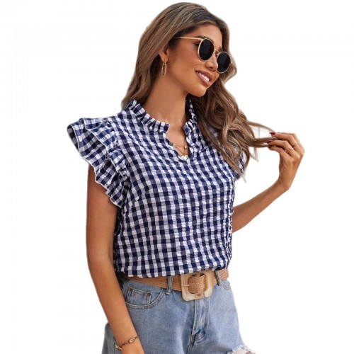 Womens Double-layer Ruffled Plaid Short-sleeve Top