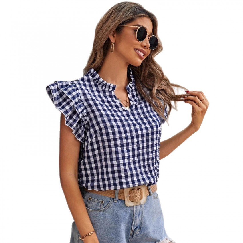 Womens Double-layer Ruffled Plaid Short-sleeve Top Womens Double-layer Ruffled Plaid Short-sleeve Top