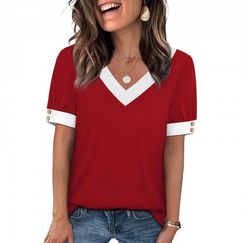 V-neck Contrast-Color Sleeveless All-Match Buttoned Pullover Short-Sleeve Top