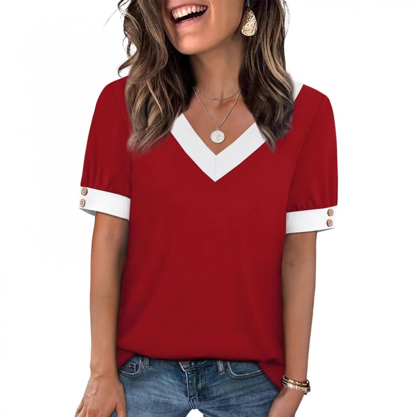 V-neck Contrast-Color Sleeveless All-Match Buttoned Pullover Short-Sleeve Top V-neck Contrast-Color Sleeveless All-Match Buttoned Pullover Short-Sleeve Top