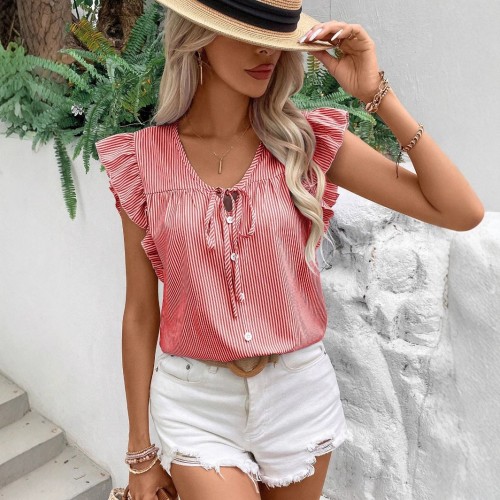 Loose Striped Top With French-Style Strap And Ruffle Sleeves Loose Striped Top With French-Style Strap And Ruffle Sleeves