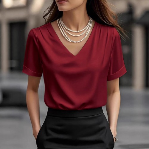 V-neck Satin Short-sleeve T-shirt Women's Fashion Top