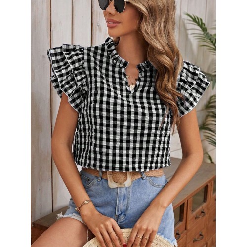 Womens Double-layer Ruffled Plaid Short-sleeve Top