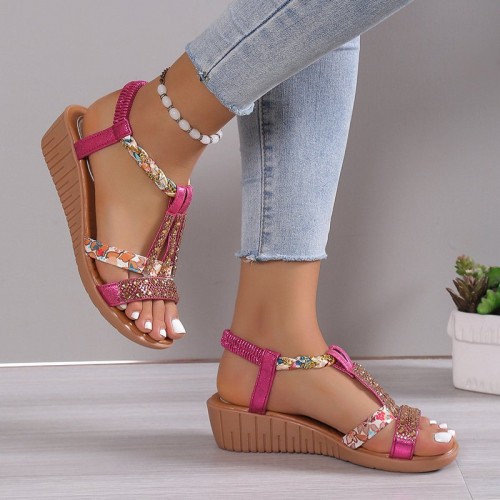 Casual Wedges Sandals With Rhinestone Summer Plus-size Peep-toe Roman Shoes