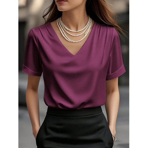 V-neck Satin Short-sleeve T-shirt Women's Fashion Top