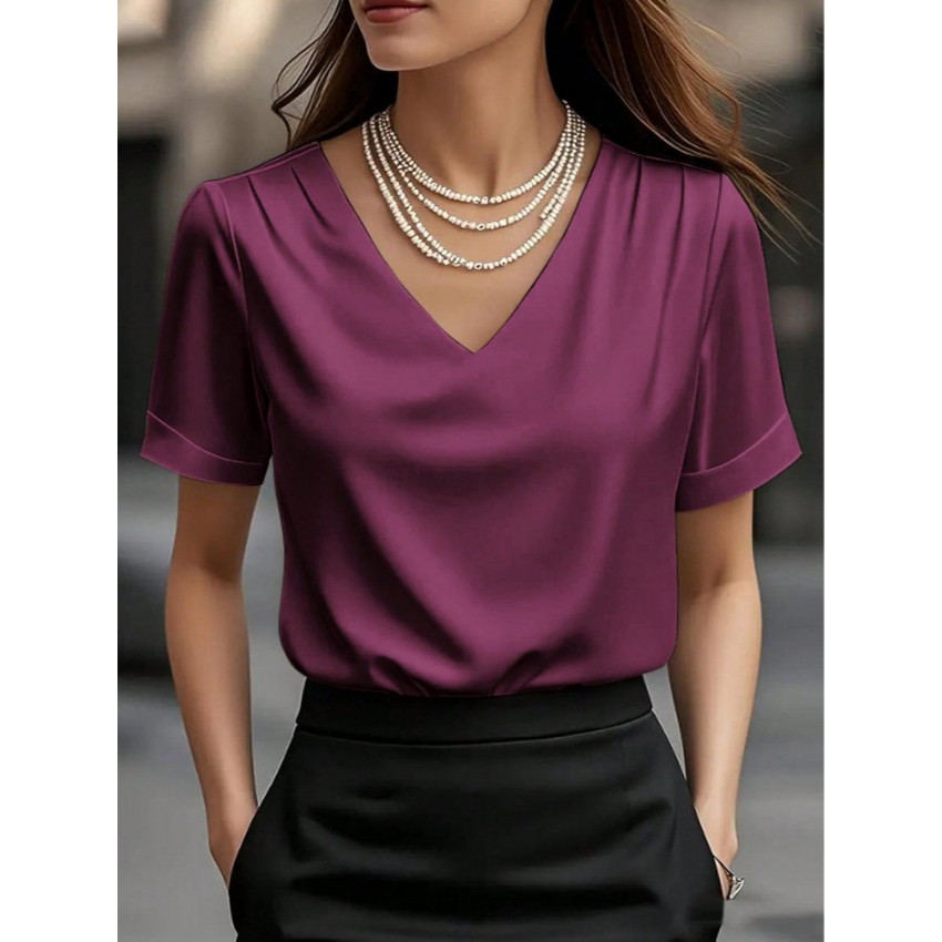 V-neck Satin Short-sleeve T-shirt Women's Fashion Top V-neck Satin Short-sleeve T-shirt Women's Fashion Top