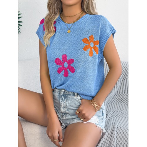 Womens Fashionable Floral Casual Loose Batwing-Sleeve Knit Top