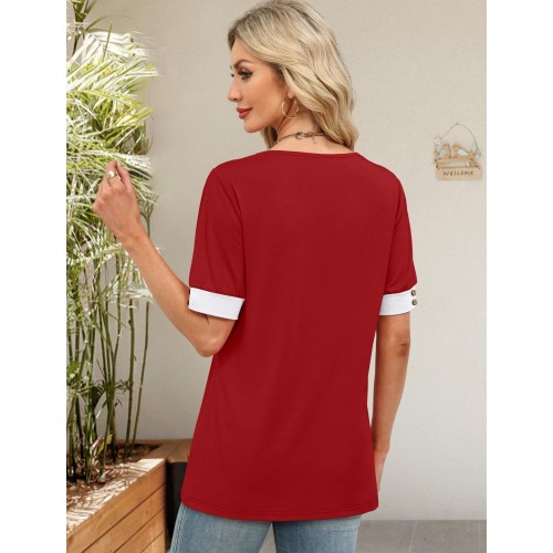 V-neck Contrast-Color Sleeveless All-Match Buttoned Pullover Short-Sleeve Top