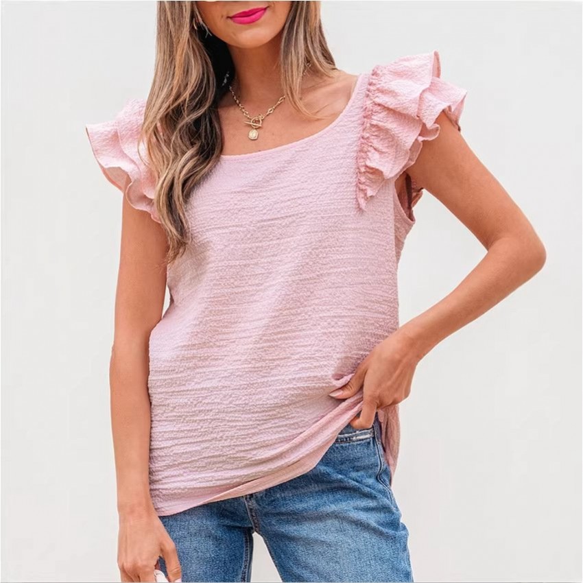 Womens Solid-Color Crew-Neck Sweet Top With Bow-Knot Design